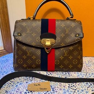 Louis Vuitton Brown Monogram Satchel with Red & Navy Center Stripe